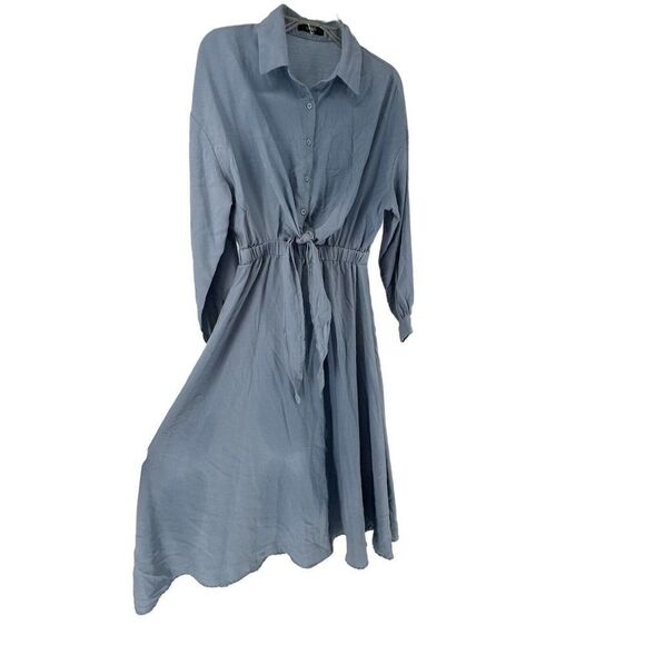 Blue Maxi Shirt Dress Long Sleeve Collared Button Up Knot Tie M Shein Prairie - Picture 4 of 9